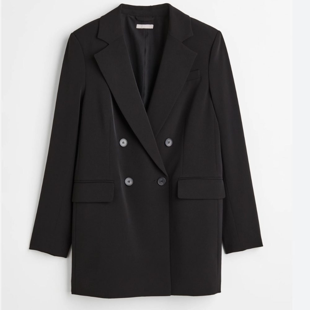 NWT H&M Black Double Breasted Black Long Blazer Size Large